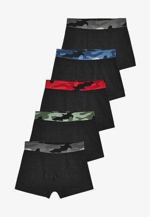 Cinque paia di boxer neri con bande in vita a motivo camo contrastante in rosso, blu, verde, grigio e nero. Tessuto morbido, vestibilità elasticizzata.