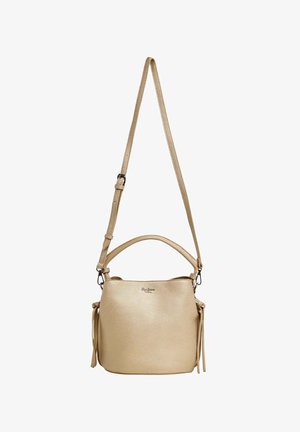 Šviesiai rudos odos kibirinis krepšys su tekstūruotu paviršiumi, apvaliu viršutiniu rankena ir reguliuojamu peties dirželiu. Sujungta su raišteliais papildomam akcentui.