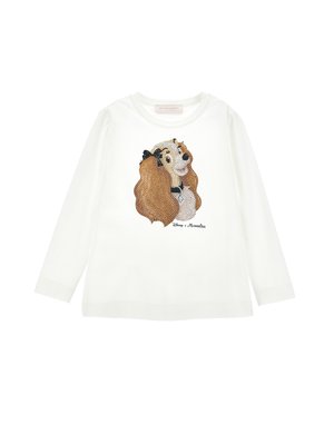 Camicia bianca a maniche lunghe con un design di personaggio decorato con strass marroni e neri sul davanti, con collo rotondo.