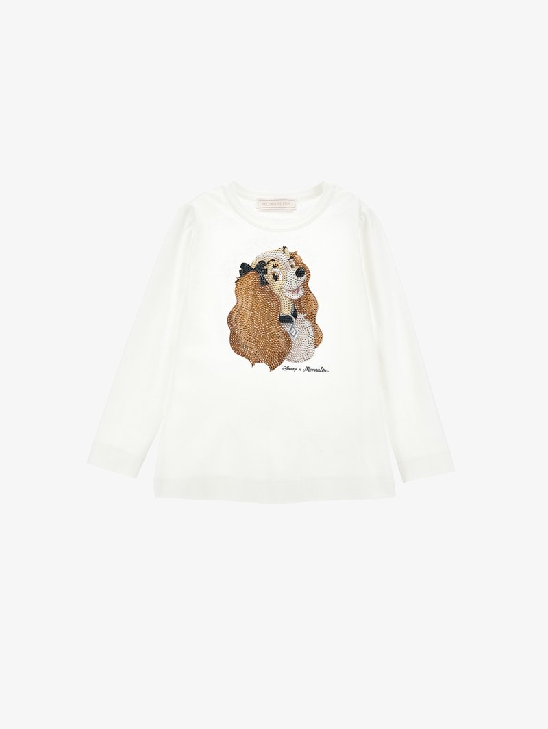 Camicia bianca a maniche lunghe con un design di personaggio decorato con strass marroni e neri sul davanti, con collo rotondo.