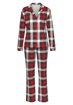Rode, grijze en witte geruite pyjam set bestaande uit een langemouwen knoopsluiting shirt en bijpassende broek; zacht materiaal met een comfortabele pasvorm.