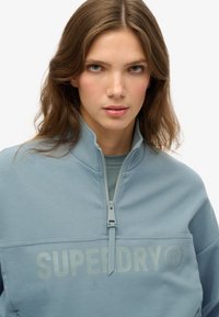 Lichtblauwe kwart-zip pullover van textuurstof, met een tonale logo over de borst. Zachte, gladde textuur en een ontspannen pasvorm.