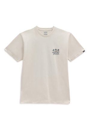 Cream-colored short-sleeve t-shirt made of soft fabric, featuring a small blue graphic on the left chest with text and leaf accents.
