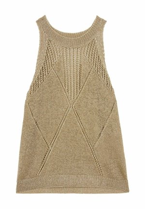 Ærmeløs beige striktop med hulmønstre i diamant- og lodrette striber, rund halsudskæring og ribbet kant.