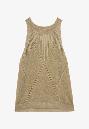 Ærmeløs beige striktop med hulmønstre i diamant- og lodrette striber, rund halsudskæring og ribbet kant.