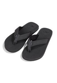 Black flip-flops made of rubber with textured soles, featuring a wide strap and a thong design. Durable and lightweight with a simple aesthetic.