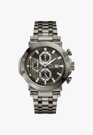 Ceas cronograf din oțel inoxidabil cu cadran negru, trei subcadrane, fereastră pentru dată și brățară metalică cu zale.