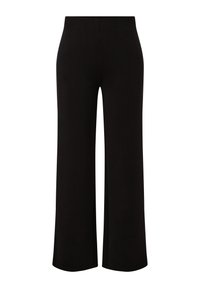 Zwarte wijde broek gemaakt van een zachte, gladde stof. Bevat een elastische tailleband en heeft een vloerlange zoom zonder zichtbare hardware of accenten.