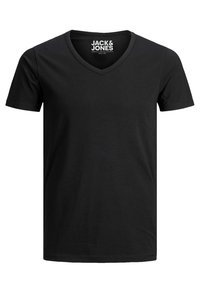 Black V-neck T-shirt made of soft cotton. Short sleeves and a relaxed fit, featuring a minimalist design with no patterns or accents.