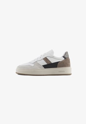 Low-top sneaker with white leather, grey suede, and black accents. Features a round toe, flat laces, and a textured rubber sole.