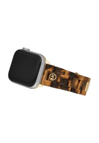 Smartwatch med en firkantet sort skive, sølv- og guldaccenter og et resinbånd med skildpadde-mønster. Metal hardware detaljer inkluderet.