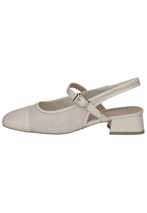 Zapato beige de tacón bajo con talón descubierto, punta puntiaguda, paneles laterales de malla y una correa con hebilla dorada sobre el empeine.