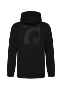 Zwarte hoodie van katoen, met een rechthoekig logo met een gestileerde "G" op de achterkant. Het heeft een capuchon met trekkoord en ribgebreide manchetten.