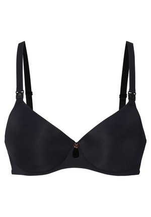 Zwarte onderwired bh met zachte stof, een diepe halslijn en een decoratieve sleutelgataccent in het midden. Verstelbare bandjes.