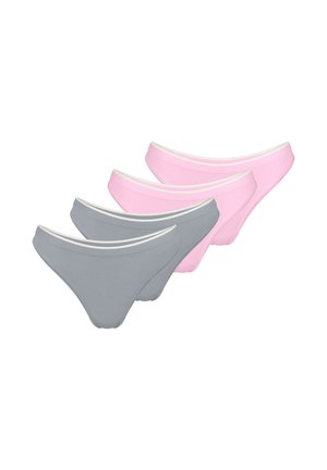 Fire par bomuldstrusser i lyserød og grå med en kontrasterende hvid talje og et elegant, lavtaljet design.