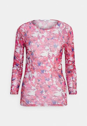 Long-sleeve fitted top with pink, red, and purple abstract floral pattern and round neckline on white background.