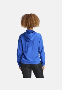 Blauwe hoodie gemaakt van een lichtgewicht stof, met een trekkoordkap, elastische manchetten en een cinch-rand. Achteraanzicht weergegeven.