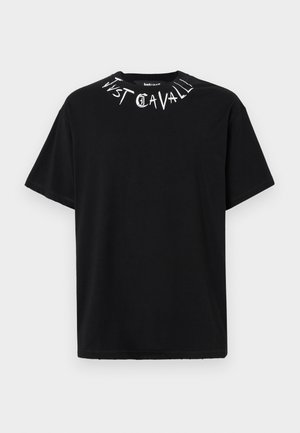 Black short-sleeve T-shirt made of cotton, featuring white printed text along the neckline that reads "Just Cavalli." Simple, straight cut.