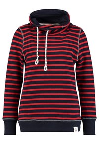 Felpa con cappuccio a righe in blu navy e rosso, dotata di collo alto, coulisse e polsini a coste. Tessuto morbido con cuciture a contrasto e una piccola etichetta.