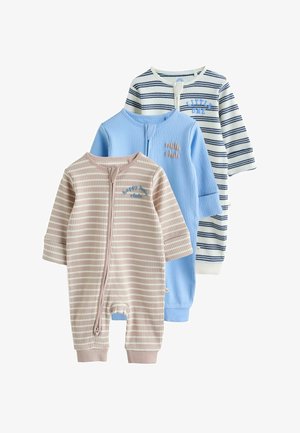 Trzy niemowlęce body z długim rękawem i zamkami z przodu; jedno beżowe w paski, jedno jednokolorowe jasnoniebieskie oraz jedno białe z granatowymi paskami.