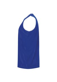 Canotta atletica senza maniche blu in tessuto a rete, con scollatura rotonda bordata di bianco e vestibilità ampia per il massimo comfort.
