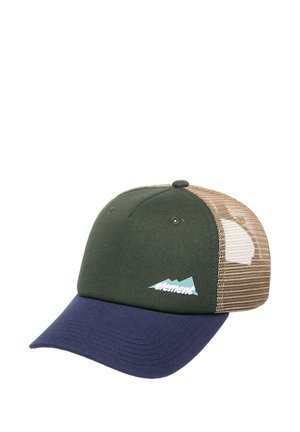 Gorra de béisbol verde y azul marino con parte trasera de malla color canela, que presenta un logo de montaña azul y una visera curva. Acento de tela texturizada.