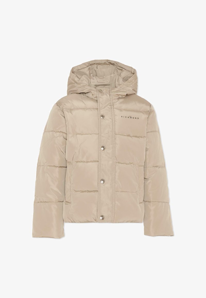 Beżowa kurtka puchowa z kapturem, z pikowanymi sekcjami, zatrzaskami oraz logo nadrukowanym na lewej piersi. Gładki, błyszczący materiał.