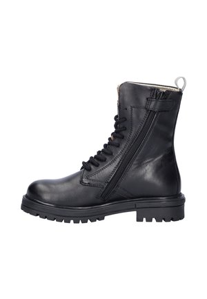 Botte cheville en cuir noir avec un bout arrondi, un système de laçage à l'avant, une fermeture éclair latérale et une semelle en caoutchouc texturée avec des crampons pour une meilleure traction.