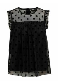 Blouse noire à pois blancs en tissu transparent. Comprend des manches courtes volantes et un buste froncé. La fermeture au dos est visible au niveau du cou.