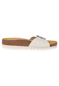 Light gray slide sandal with a wide strap, cork midsole, and white rubber outsole featuring textured grooves. Circular metal accent on strap.