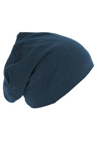 Căciulă slouchy de culoare albastru închis, realizată dintr-un material moale și elastic, arătată pe un fundal alb simplu.