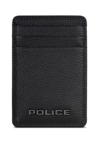 Schwarzer Leder-Kartenhalter mit strukturiertem Finish, mehreren Kartenfächern und eingeprägtem "POLICE"-Logo an der Unterseite. Genähte Kanten.