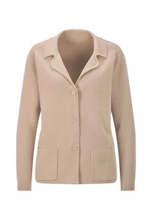 Beige gebreid vest met lange mouwen, kraag met inkeping, drie knopen aan de voorkant en twee opgestikte zakken aan de voorkant.