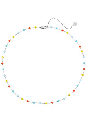 Silberne Gliederkette mit kleinen, runden Perlen in Blau, Gelb, Rot und Hellblau, mit Karabinerverschluss und verstellbarem Verlängerungskettchen mit Blumenanhänger.