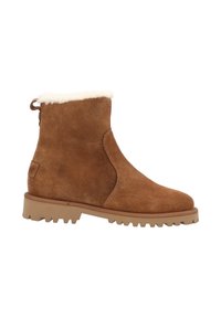 Stivaletto in suede marrone con foderatura in pelliccia sintetica bianca, punta tonda, pannello elastico laterale e suola in gomma testurizzata. Linguetta sul retro per una facile calzata.