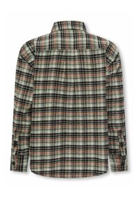 Geruite blouse met een groen, zwart en rood kleurenschema. Textuurstof, lange mouwen en knoopmanchetten. Klassieke kraag en afgeronde zoom.