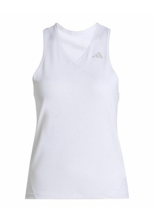 White sleeveless athletic tank top with V-neck and small gray Adidas logo on the upper left chest.