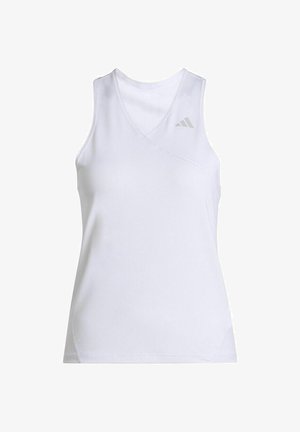 White sleeveless athletic tank top with V-neck and small gray Adidas logo on the upper left chest.