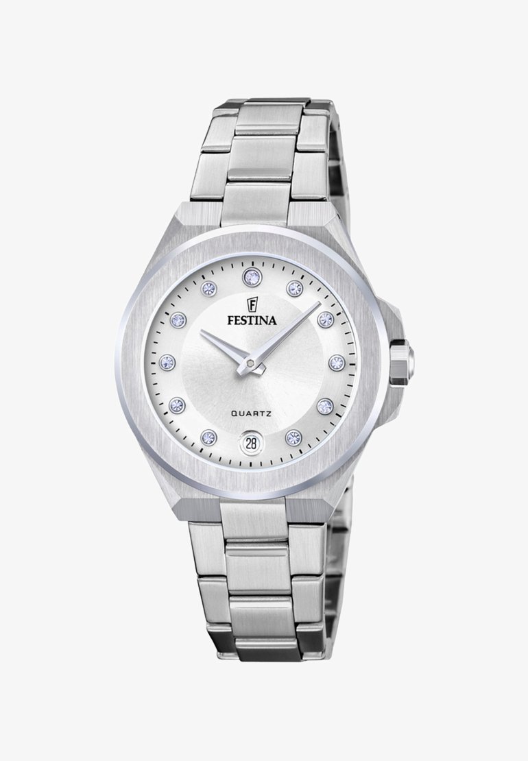 Sidabrinis kvarcinis laikrodis su tekstūruotais sidabriniais ciferblatais, deimantiniais žymikliais, aštuonkampiu korpusu ir nerūdijančio plieno apyranke su užsegimu.