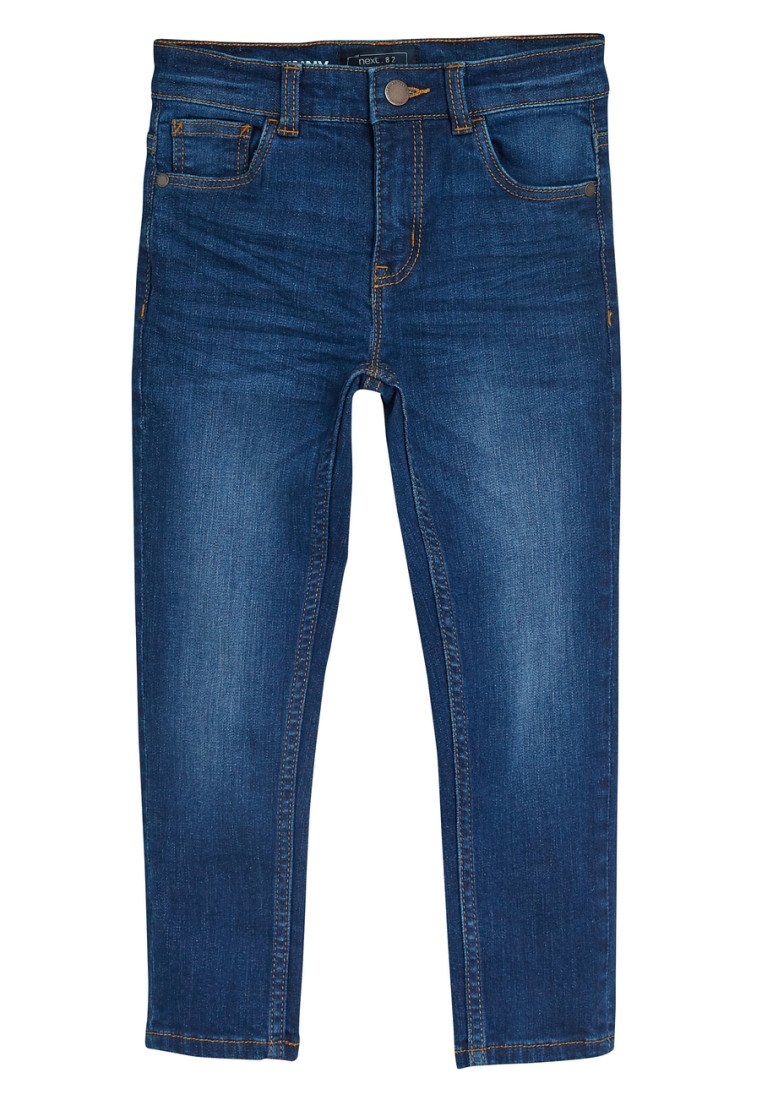 Jeans i denim i mörkblått, slim fit. Har fem fickor, kopparnitar och kontrasterande orange sömmar längs sömmarna och fickorna.