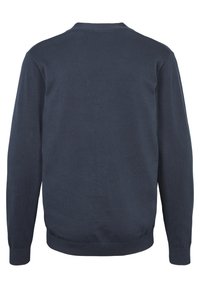 Mörkblå tröja med långa ärmar, rund halsringning, ribbade ärmslut och nederkant. Mjukt, glatt tyg med en enhetlig färg och inga synliga mönster.