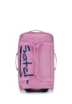 Pink wheeled duffel bag with side zipper pocket and dark blue "catch" lettering, showing top handles and extendable handle base.