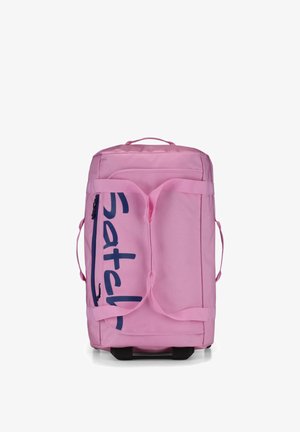 Pink wheeled duffel bag with side zipper pocket and dark blue "catch" lettering, showing top handles and extendable handle base.