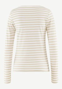 Camicia a maniche lunghe in morbido cotone, con righe orizzontali alternate beige e bianche, scollo rotondo e maniche aderenti.