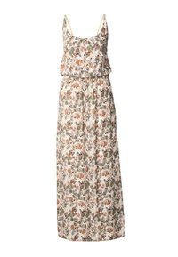 Blomstrete maxikjole laget av lett stoff, med en rynket midje, delikate spaghettistropper og et flerfarget mønster av blomster og sommerfugler.