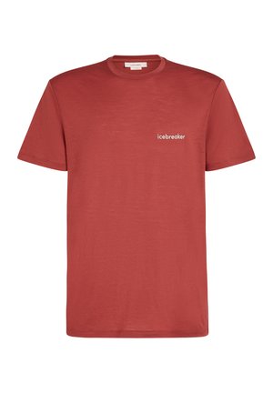 Rød kortærmet t-shirt lavet af letvægtsstof, med rund hals og et lille hvidt "icebreaker" logo på brystet.