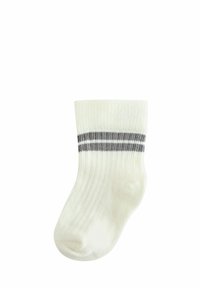Weißer gerippter Socken mit zwei grauen Streifen oben, weicher Textur und Knöchel-Höhe Design.
