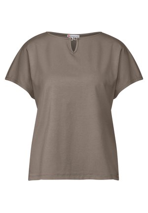 Brown, short-sleeve top with a round neckline and a keyhole detail at the front. Made of smooth, lightweight fabric. Straight-cut design.
