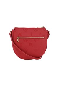 Borsa a spalla in pelle rossa con forma rotonda, impuntura floreale e una tasca frontale con zip. Include una tracolla sottile e regolabile e dettagli in metallo dorato.