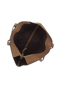 Braune Leder-Tote mit schwarzem Innenraum, offener Oberseite und sichtbarem Reißverschluss entlang der Kante auf einem weißen Hintergrund.